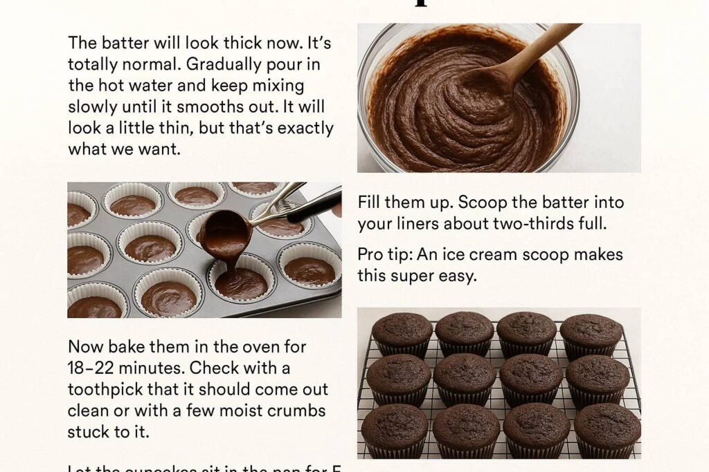 The batter will look thick now. It's totally normal. Gradually pour in the hot water and keep mixing slowly until it smooths out. It will look a little thin, but that’s exactly what we want. Fill them up. Scoop the batter into your liners. About two-thirds full.