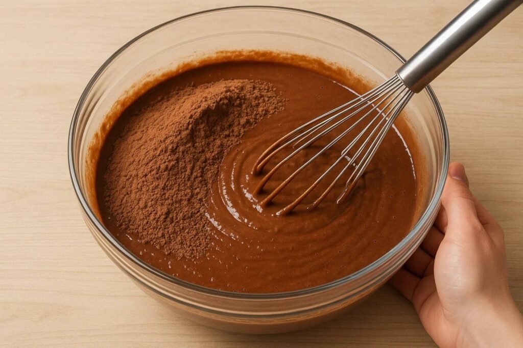 Now onto the wet mix. Grab a big bowl. Crack in the eggs. Pour in the milk, oil, vanilla, and both sugars. Whisk everything until it’s smooth and blended. Add your dry mix into the wet. Mix on low just until it’s combined. The key is not to overdo it.